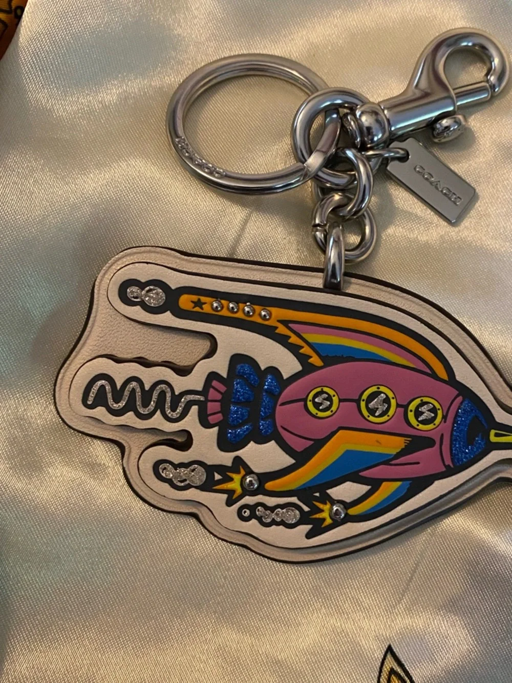 Coach Cream Leather  cosmic Keychain with Silver Hardware